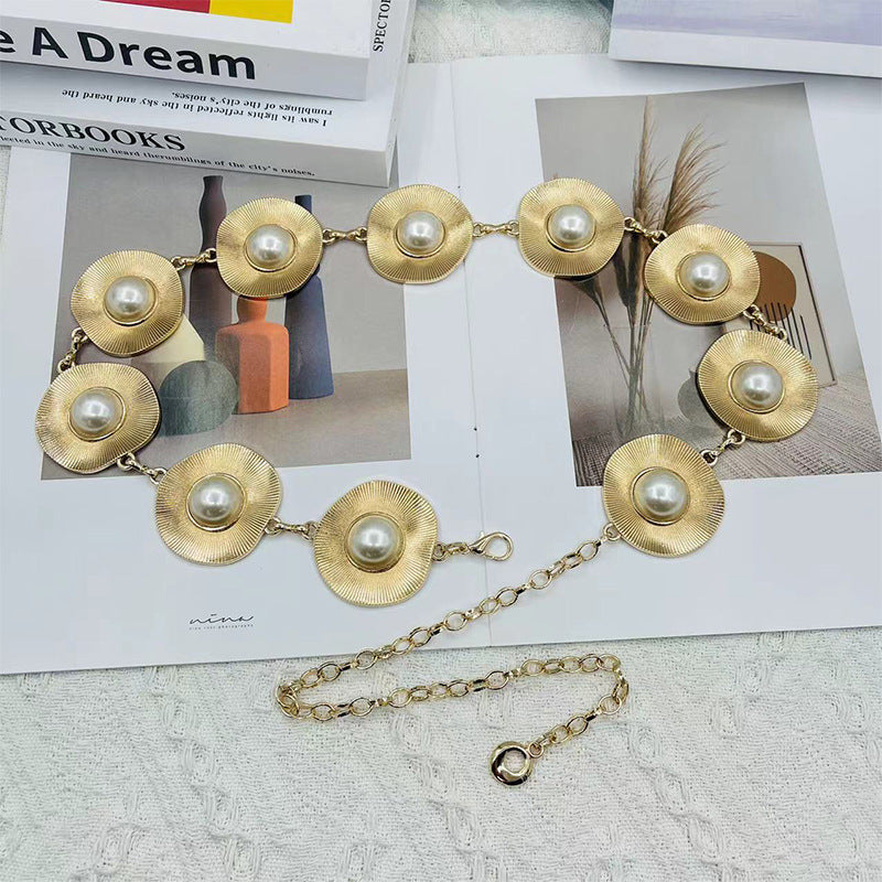 2025 New European and American Style Pearl Waist Chain Accessories for Women, High-End Metal Thick Chain Belt Decoration for Dresses