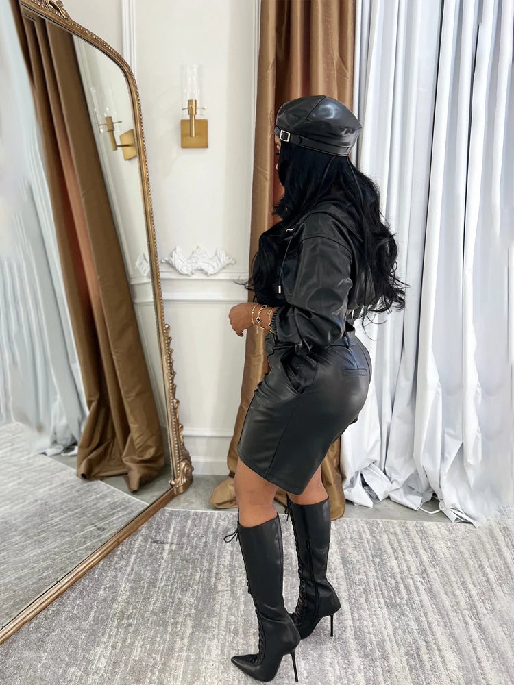 Elegant Deep Leather 2 Piece Set Women Outfit Zip Hooded Jacket and Shorts Suit 2025 Fall Winter Fashion Simple Streetwear Sets
