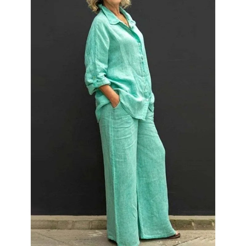 Spring Solid Color Linen Two Piece Sets Women Outfits  Fall Simple Long Sleeve Shirt Loose Trousets Set Office Casual Suit Women