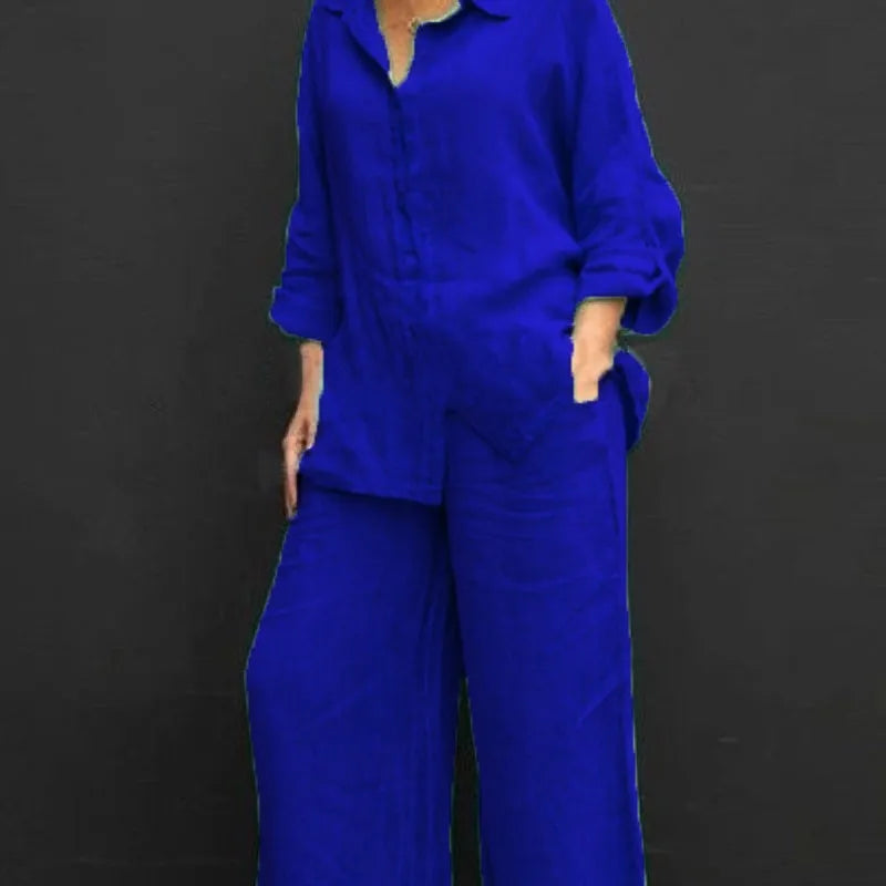 Spring Solid Color Linen Two Piece Sets Women Outfits  Fall Simple Long Sleeve Shirt Loose Trousets Set Office Casual Suit Women