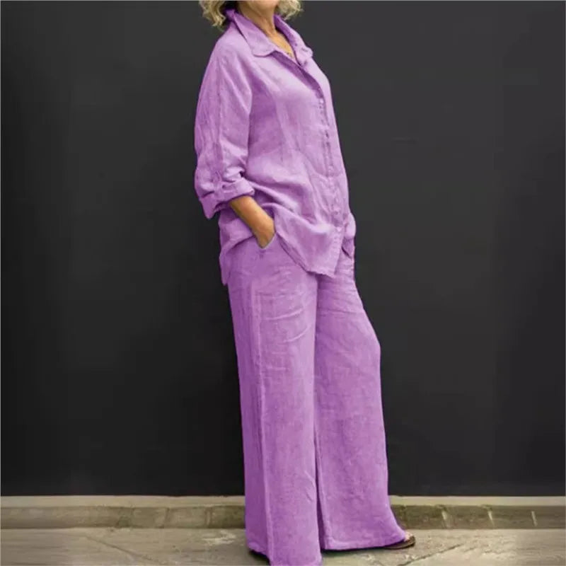 Spring Solid Color Linen Two Piece Sets Women Outfits  Fall Simple Long Sleeve Shirt Loose Trousets Set Office Casual Suit Women