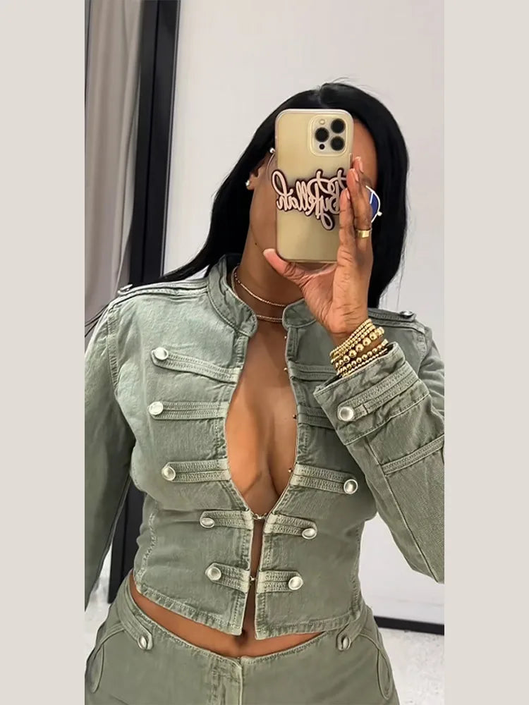 Vintage Denim Shorts Set Stand Collar Hook Closure Crop Militay Jacket Short Bodycon Shorts Women Fashion Street Sexy Edgy Sets