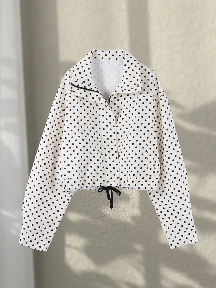 Polka Dot Print Shorts Coats Suits Women Loose High Neck Long Sleeves Zipper Drawstring Sets Female 2025 Autumn New Chic Set