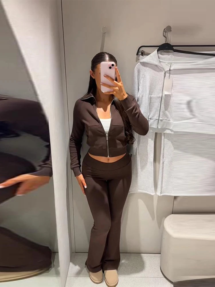 Casual Solid Coats Pant Set Women Full Sleeve Zipper Lapel Jackets Long Slim Trousers Sets Female 2026 Chic Autumn Lady Suits