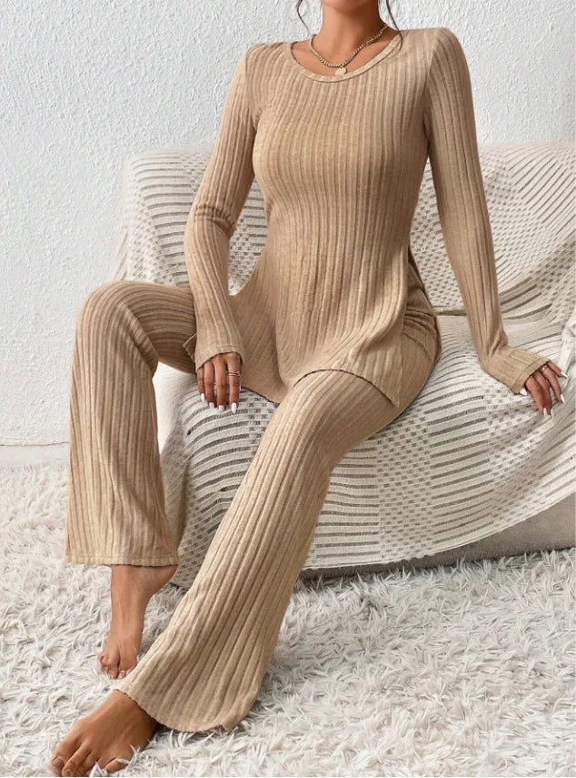 Fall Winter Knitted Pants Sets For Women Long Sleeve O Neck Tops + Trousers 2 Piece Set Solid Comfortable Elegant Suit Female