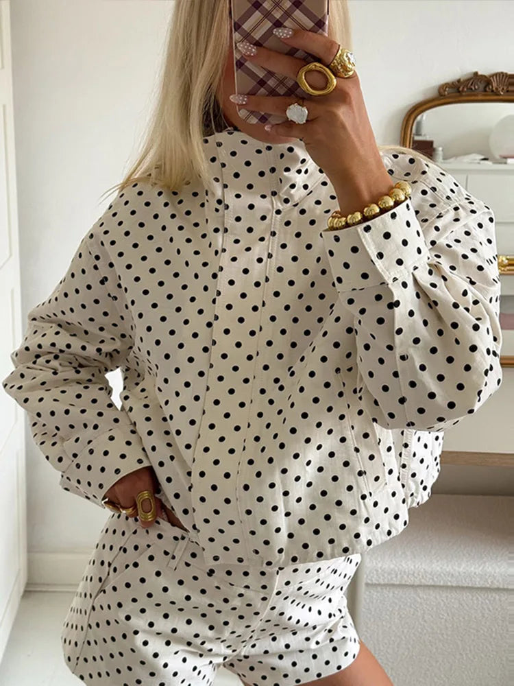 Polka Dot Print Shorts Coats Suits Women Loose High Neck Long Sleeves Zipper Drawstring Sets Female 2025 Autumn New Chic Set