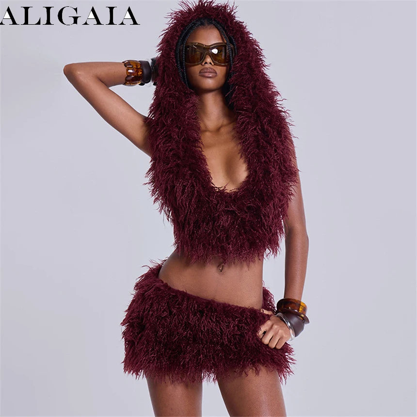 2026 Fall Winter Fashion Faux Fur 2 Piece Set Women Lace Up Backless Hooded Tank Tops + Bodycon Mini Skirts Casual Street Suits