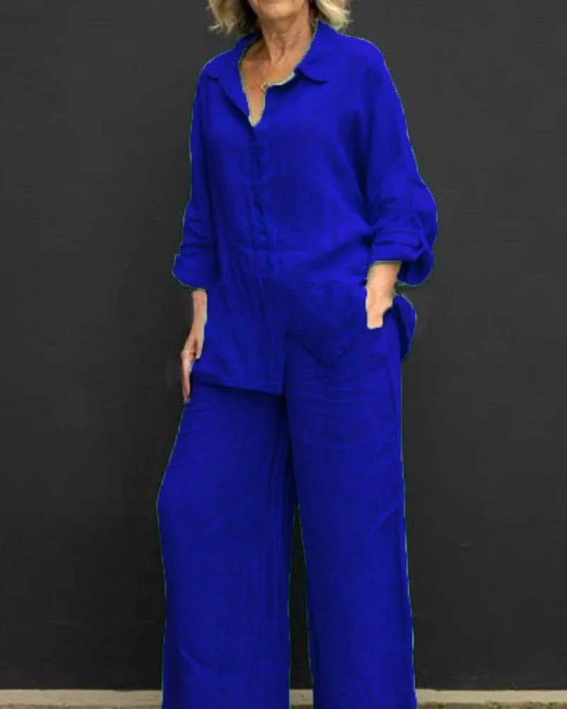 Spring Solid Color Linen Two Piece Sets Women Outfits  Fall Simple Long Sleeve Shirt Loose Trousets Set Office Casual Suit Women