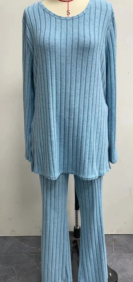 Fall Winter Knitted Pants Sets For Women Long Sleeve O Neck Tops + Trousers 2 Piece Set Solid Comfortable Elegant Suit Female