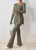 Fall Winter Knitted Pants Sets For Women Long Sleeve O Neck Tops + Trousers 2 Piece Set Solid Comfortable Elegant Suit Female