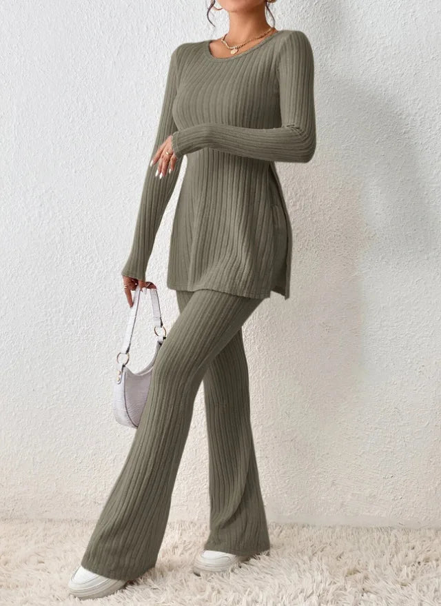 Fall Winter Knitted Pants Sets For Women Long Sleeve O Neck Tops + Trousers 2 Piece Set Solid Comfortable Elegant Suit Female