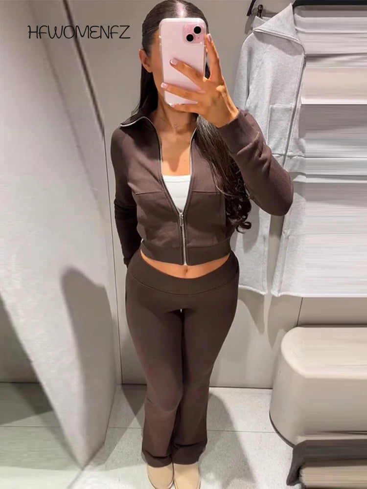 Casual Solid Coats Pant Set Women Full Sleeve Zipper Lapel Jackets Long Slim Trousers Sets Female 2026 Chic Autumn Lady Suits
