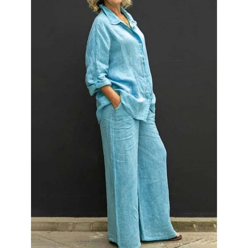 Spring Solid Color Linen Two Piece Sets Women Outfits  Fall Simple Long Sleeve Shirt Loose Trousets Set Office Casual Suit Women
