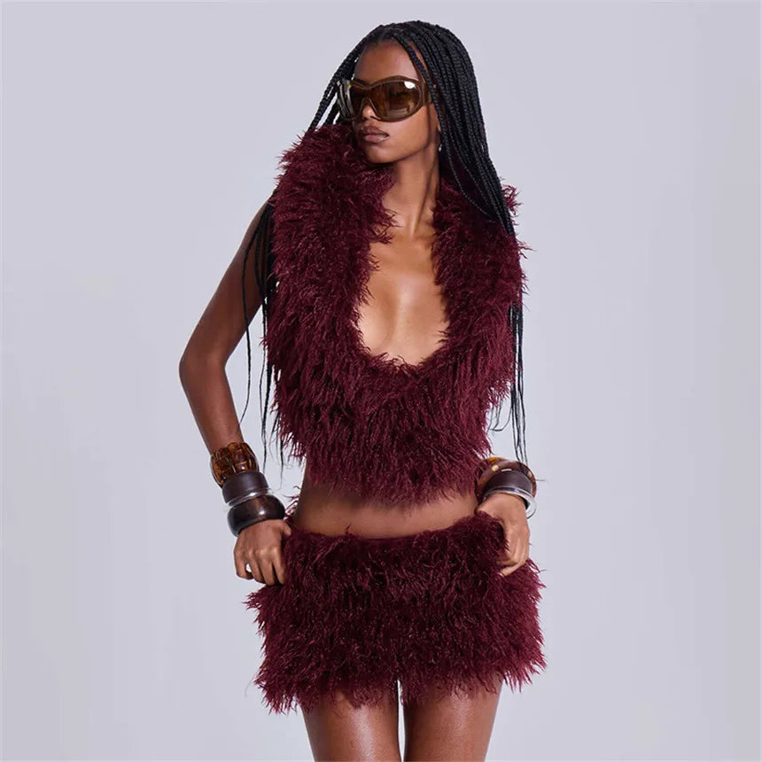 2026 Fall Winter Fashion Faux Fur 2 Piece Set Women Lace Up Backless Hooded Tank Tops + Bodycon Mini Skirts Casual Street Suits