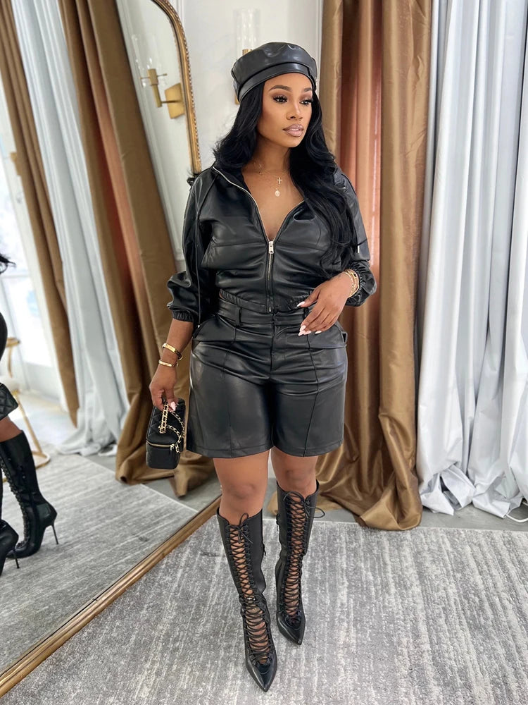 Elegant Deep Leather 2 Piece Set Women Outfit Zip Hooded Jacket and Shorts Suit 2025 Fall Winter Fashion Simple Streetwear Sets