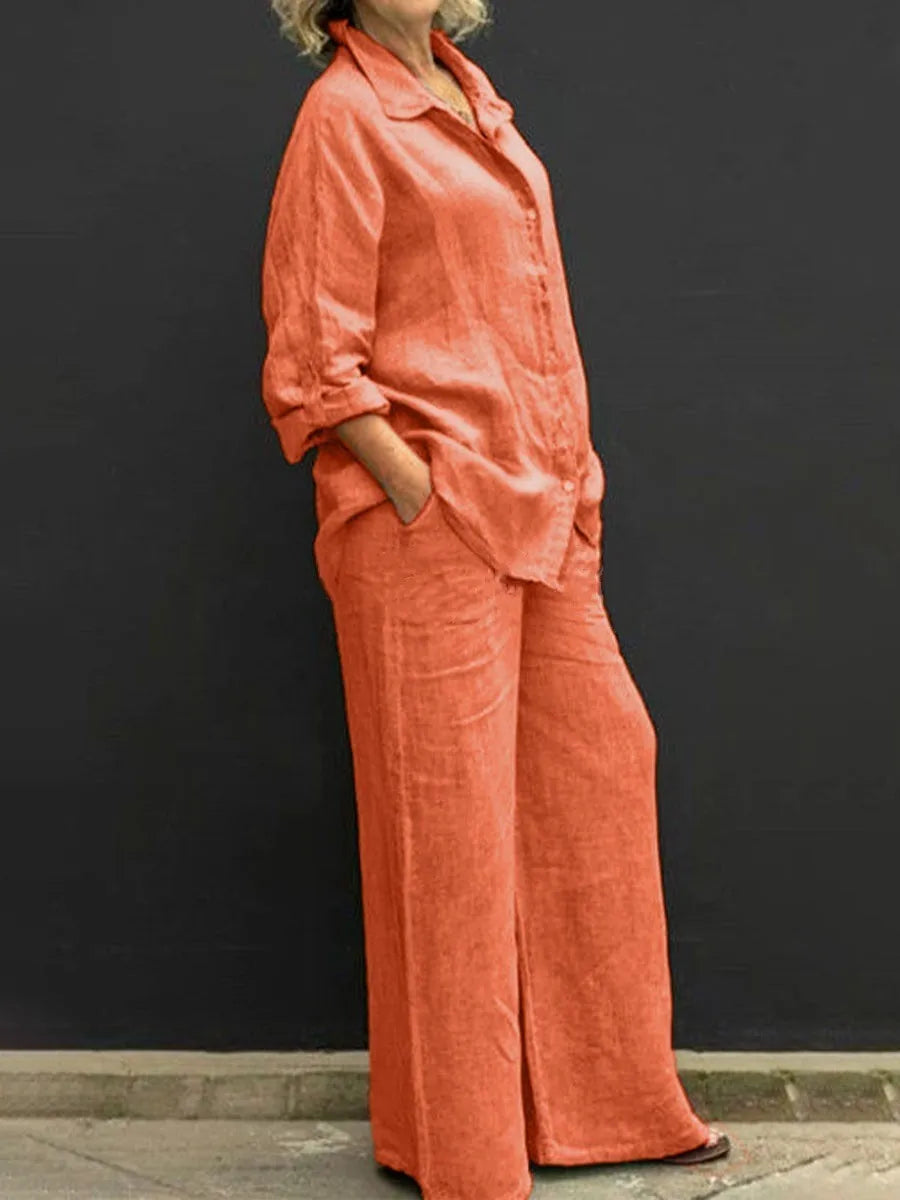 Spring Solid Color Linen Two Piece Sets Women Outfits  Fall Simple Long Sleeve Shirt Loose Trousets Set Office Casual Suit Women