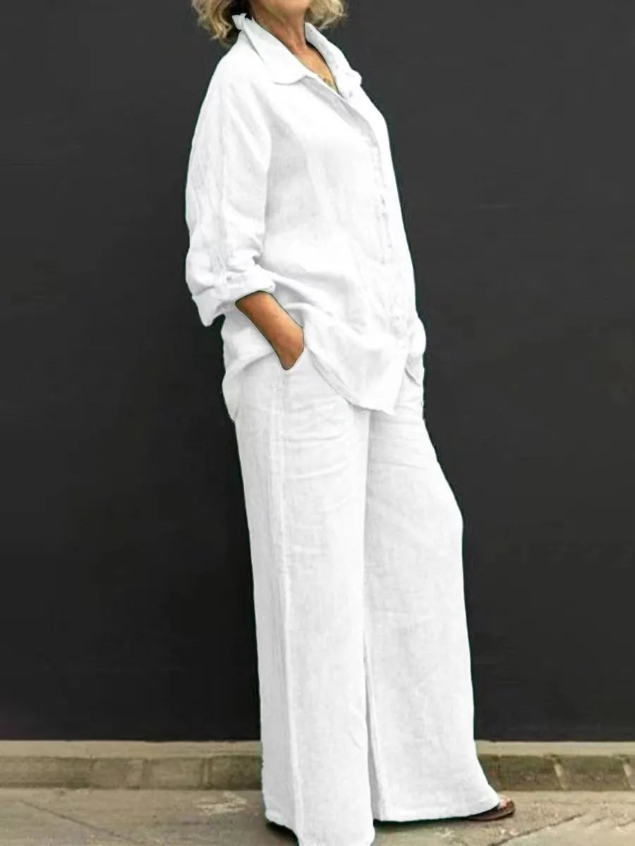 Spring Solid Color Linen Two Piece Sets Women Outfits  Fall Simple Long Sleeve Shirt Loose Trousets Set Office Casual Suit Women