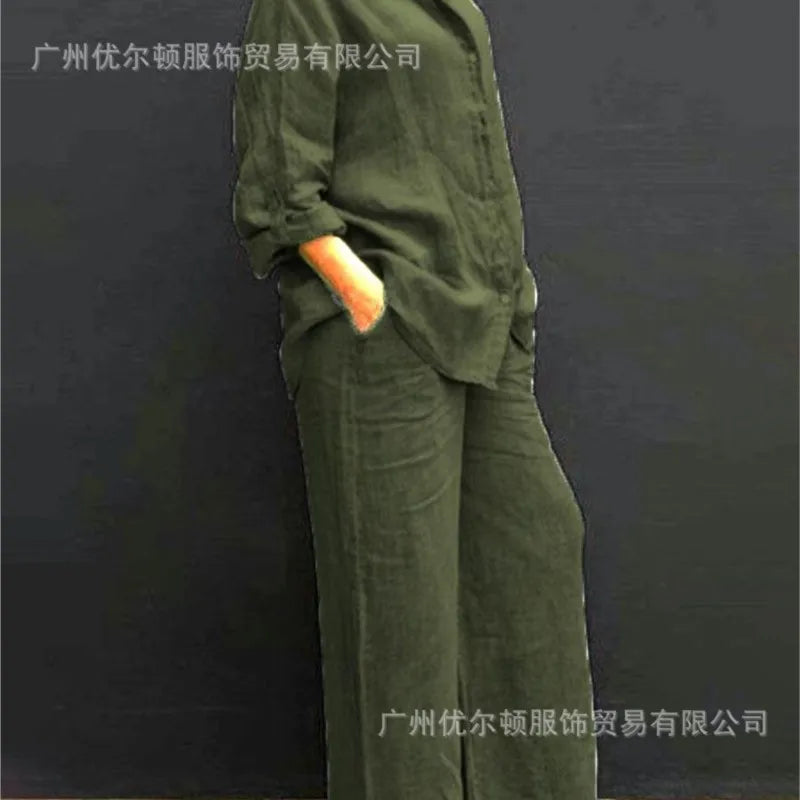 Spring Solid Color Linen Two Piece Sets Women Outfits  Fall Simple Long Sleeve Shirt Loose Trousets Set Office Casual Suit Women