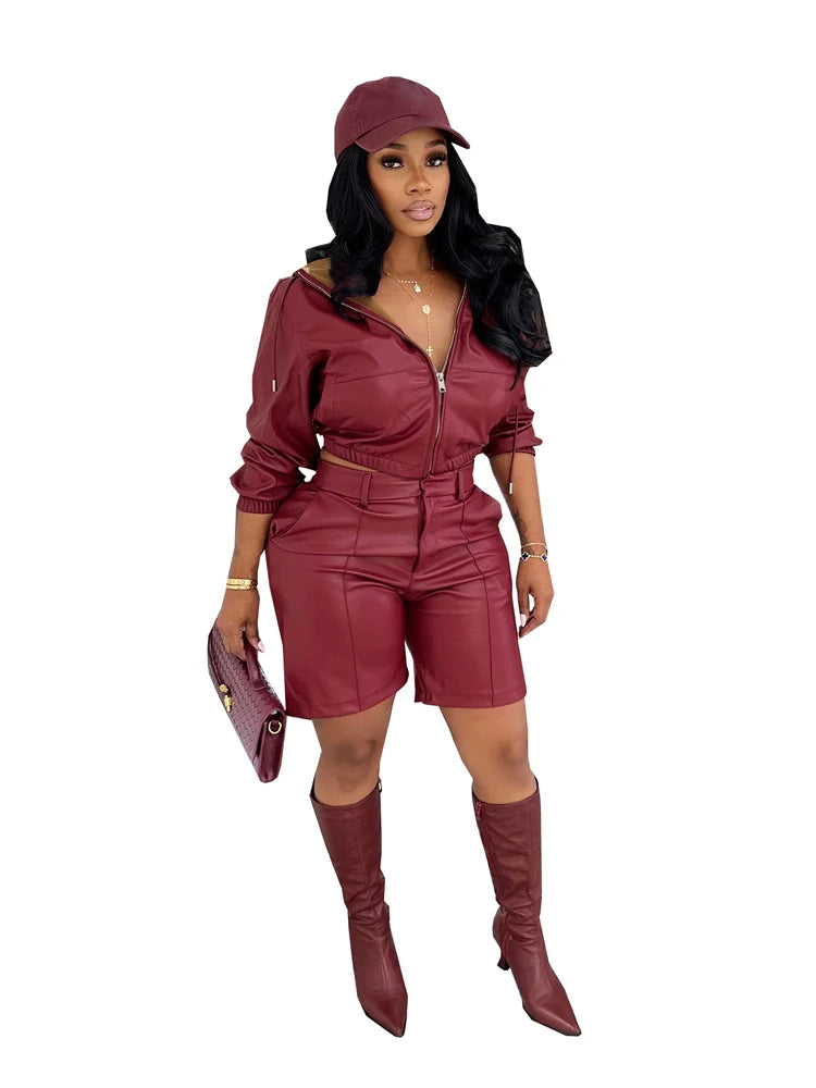 Elegant Deep Leather 2 Piece Set Women Outfit Zip Hooded Jacket and Shorts Suit 2025 Fall Winter Fashion Simple Streetwear Sets