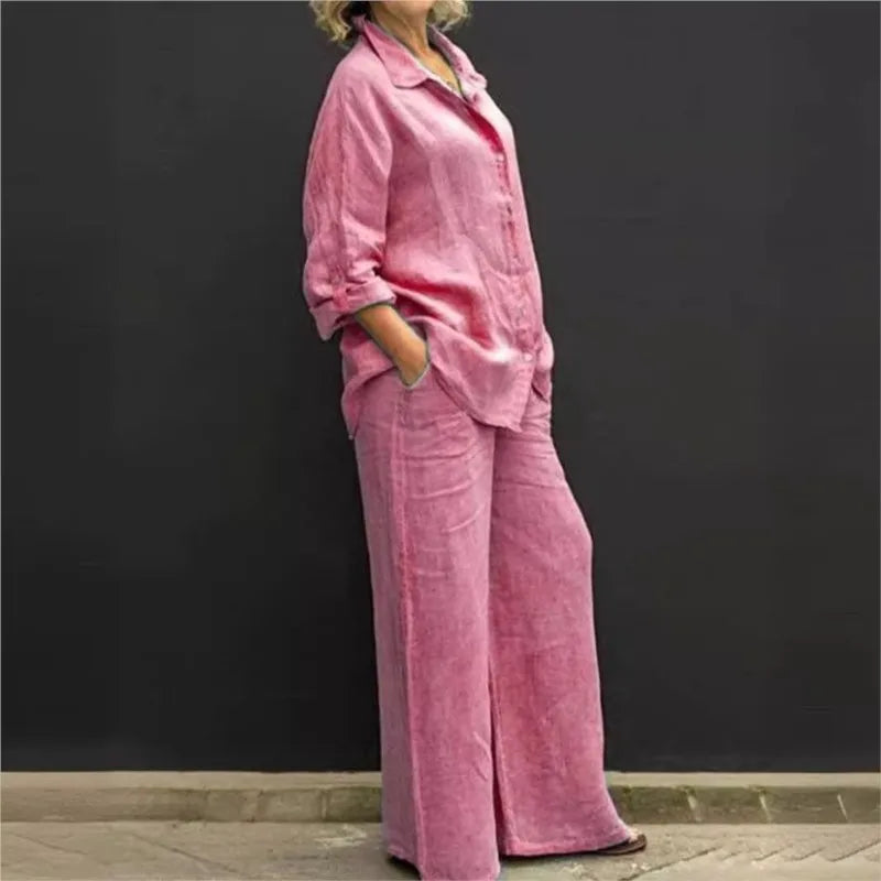 Spring Solid Color Linen Two Piece Sets Women Outfits  Fall Simple Long Sleeve Shirt Loose Trousets Set Office Casual Suit Women