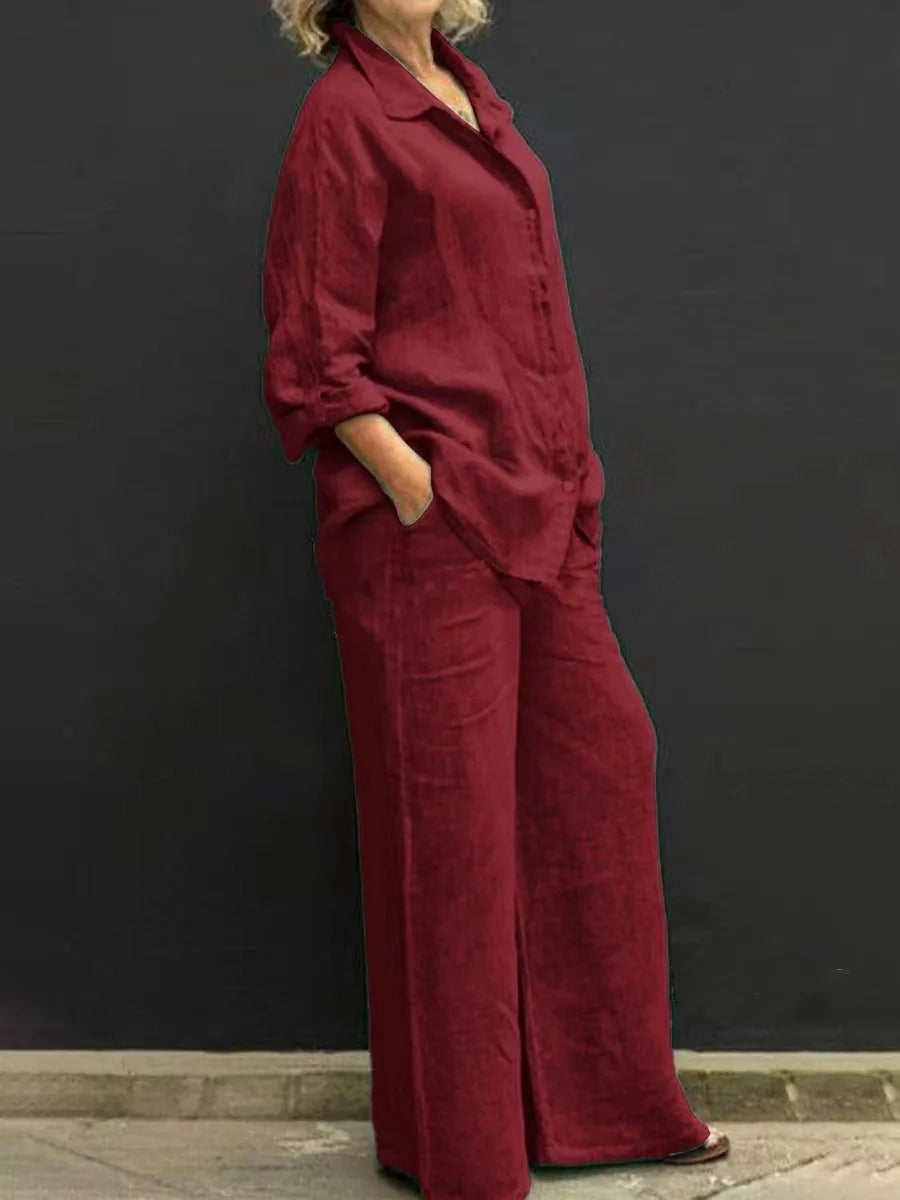 Spring Solid Color Linen Two Piece Sets Women Outfits  Fall Simple Long Sleeve Shirt Loose Trousets Set Office Casual Suit Women
