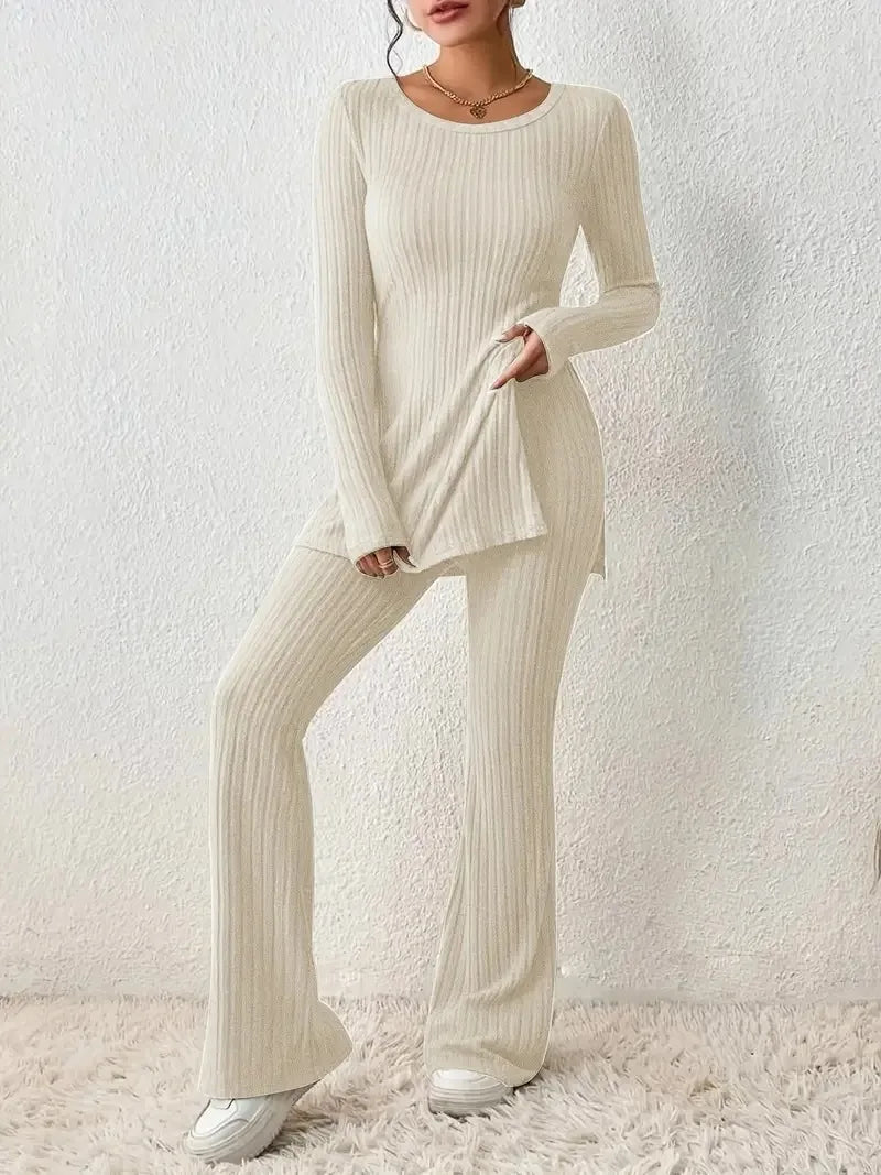 Fall Winter Knitted Pants Sets For Women Long Sleeve O Neck Tops + Trousers 2 Piece Set Solid Comfortable Elegant Suit Female