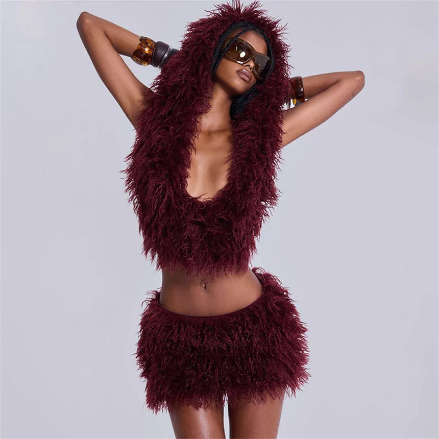 2026 Fall Winter Fashion Faux Fur 2 Piece Set Women Lace Up Backless Hooded Tank Tops + Bodycon Mini Skirts Casual Street Suits