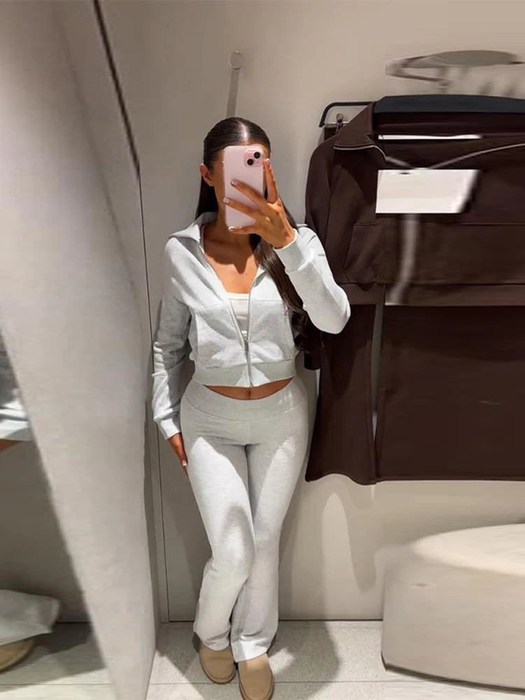 Casual Solid Coats Pant Set Women Full Sleeve Zipper Lapel Jackets Long Slim Trousers Sets Female 2026 Chic Autumn Lady Suits