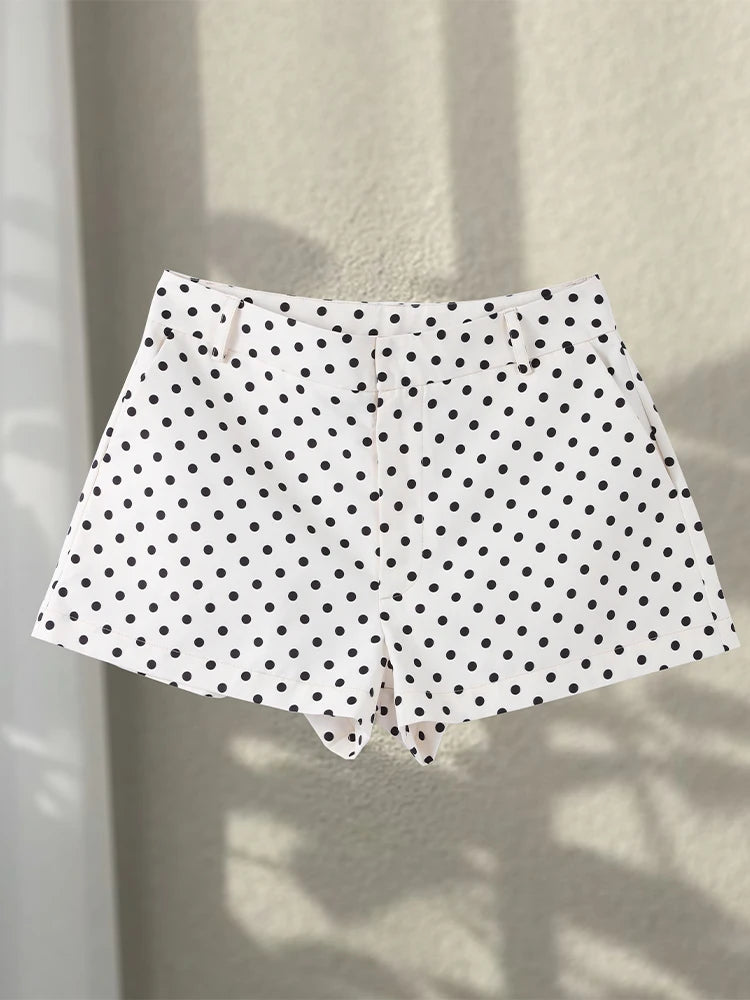 Polka Dot Print Shorts Coats Suits Women Loose High Neck Long Sleeves Zipper Drawstring Sets Female 2025 Autumn New Chic Set