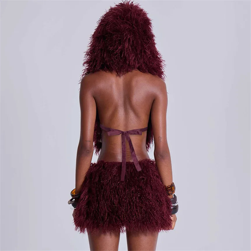 2026 Fall Winter Fashion Faux Fur 2 Piece Set Women Lace Up Backless Hooded Tank Tops + Bodycon Mini Skirts Casual Street Suits