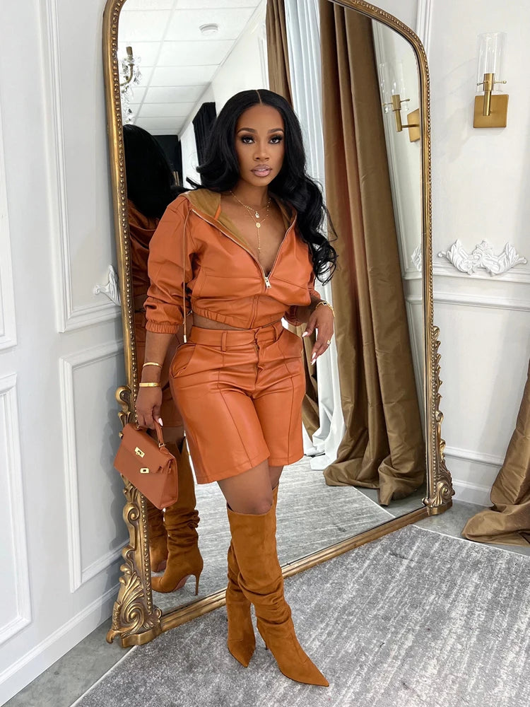Elegant Deep Leather 2 Piece Set Women Outfit Zip Hooded Jacket and Shorts Suit 2025 Fall Winter Fashion Simple Streetwear Sets