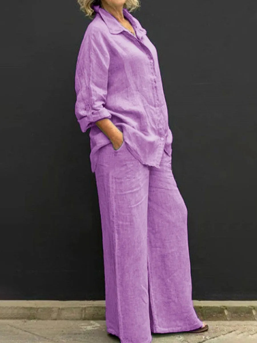Spring Solid Color Linen Two Piece Sets Women Outfits  Fall Simple Long Sleeve Shirt Loose Trousets Set Office Casual Suit Women