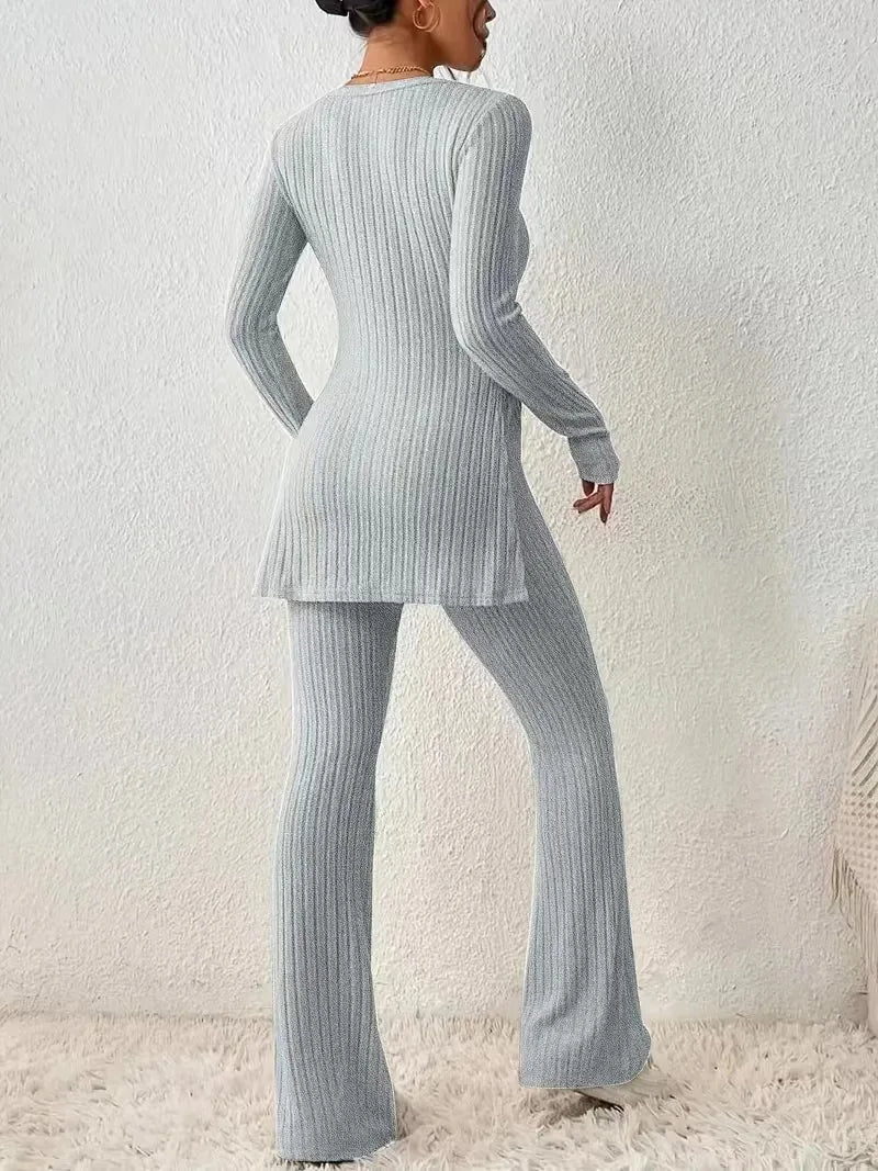 Fall Winter Knitted Pants Sets For Women Long Sleeve O Neck Tops + Trousers 2 Piece Set Solid Comfortable Elegant Suit Female