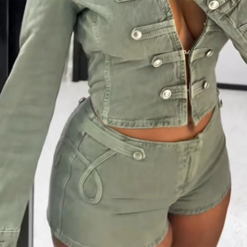 Vintage Denim Shorts Set Stand Collar Hook Closure Crop Militay Jacket Short Bodycon Shorts Women Fashion Street Sexy Edgy Sets