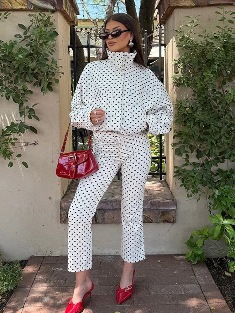Polka Dot Print Shorts Coats Suits Women Loose High Neck Long Sleeves Zipper Drawstring Sets Female 2025 Autumn New Chic Set