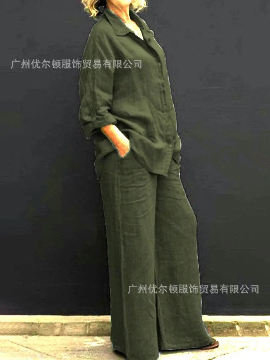 Spring Solid Color Linen Two Piece Sets Women Outfits  Fall Simple Long Sleeve Shirt Loose Trousets Set Office Casual Suit Women