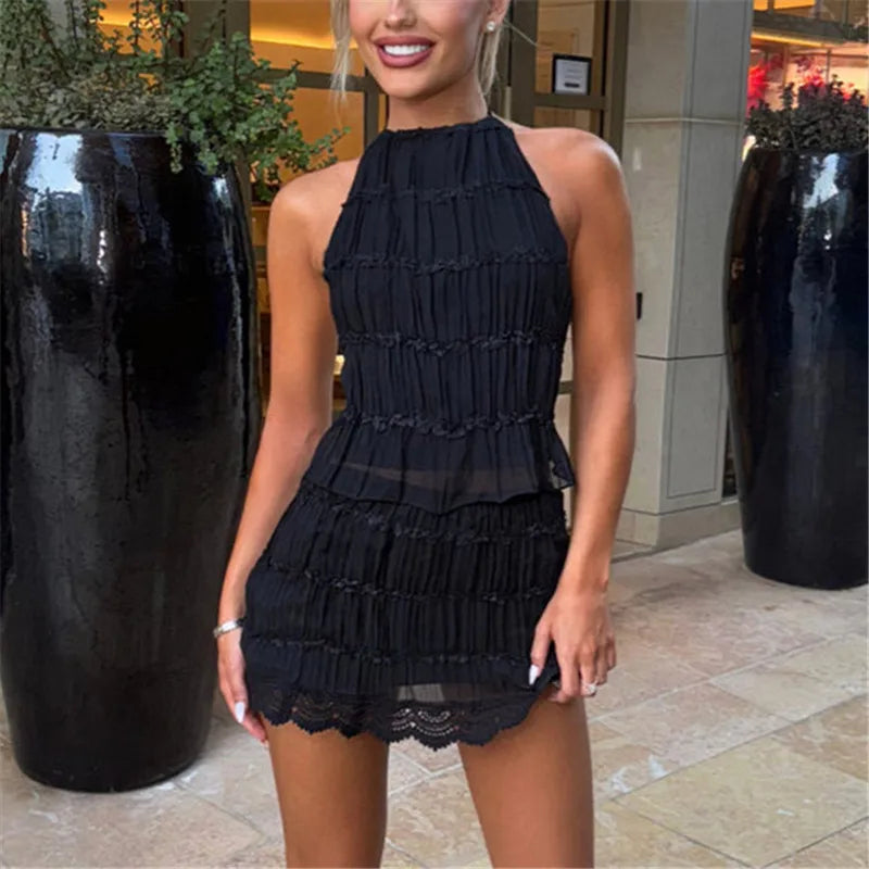 hirigin Two Piece Skirt Sets for Women Y2k Lace Sheer Mesh Ruched Halter Top Smocked Mini Skirt Summer Beach Matching Outfits