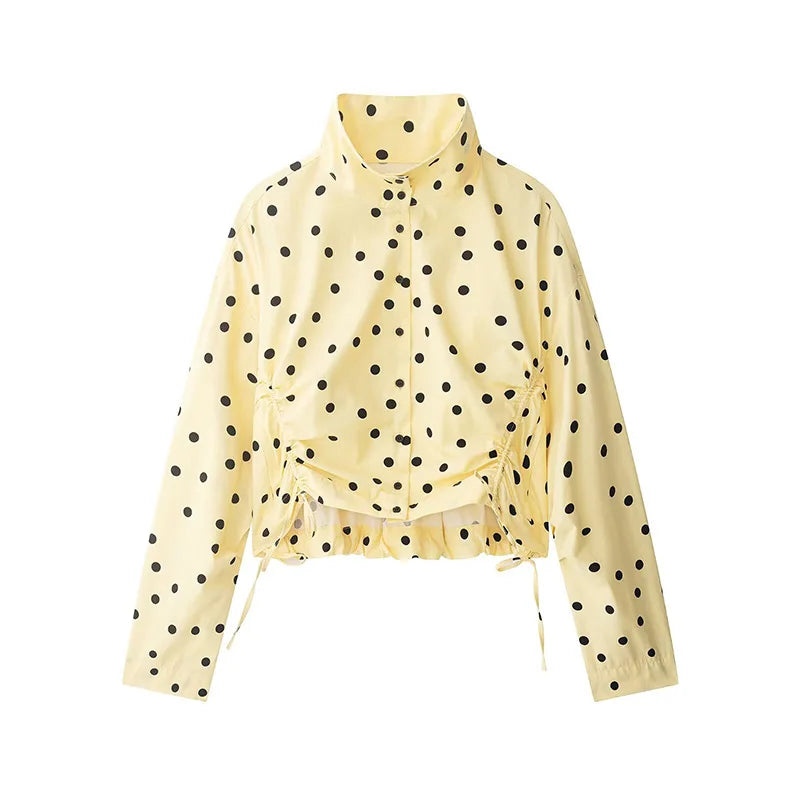 Polka Dot Print Shorts Coats Suits Women Loose High Neck Long Sleeves Zipper Drawstring Sets Female 2025 Autumn New Chic Set