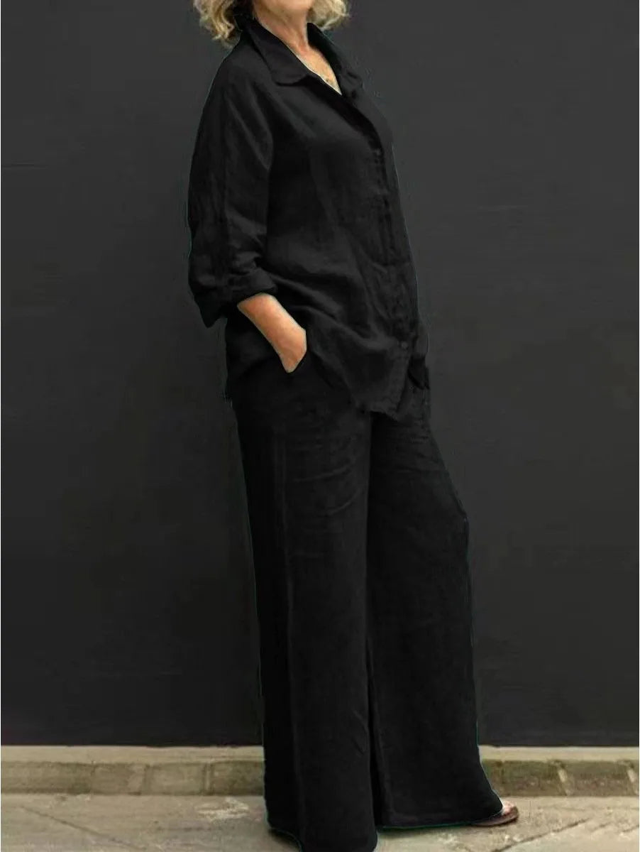 Spring Solid Color Linen Two Piece Sets Women Outfits  Fall Simple Long Sleeve Shirt Loose Trousets Set Office Casual Suit Women