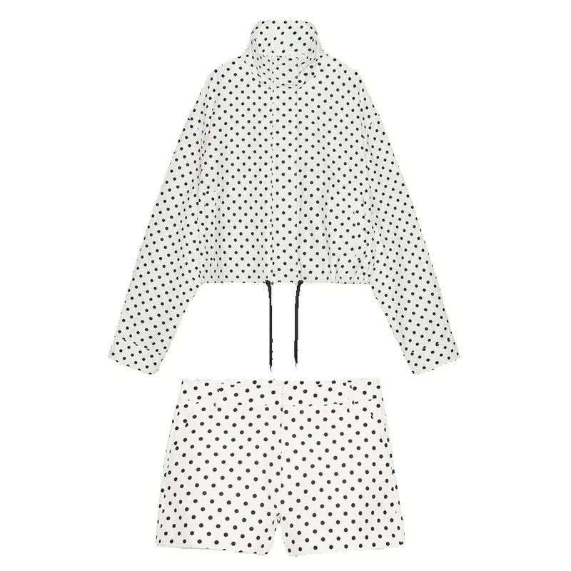 Polka Dot Print Shorts Coats Suits Women Loose High Neck Long Sleeves Zipper Drawstring Sets Female 2025 Autumn New Chic Set