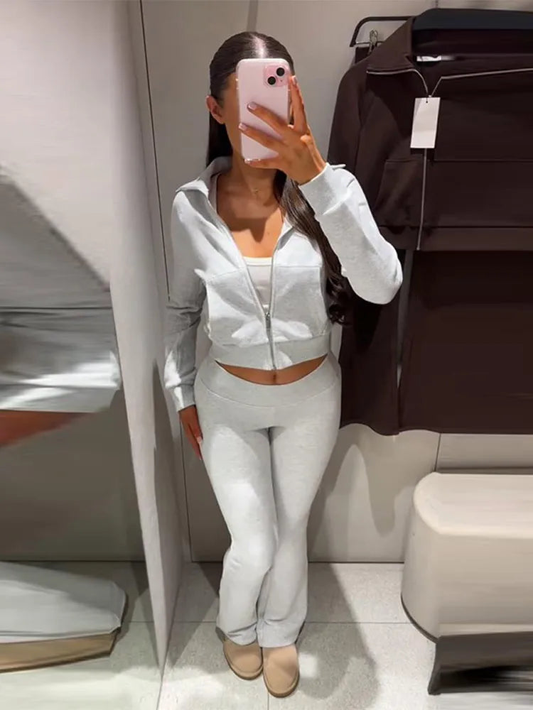 Casual Solid Coats Pant Set Women Full Sleeve Zipper Lapel Jackets Long Slim Trousers Sets Female 2026 Chic Autumn Lady Suits