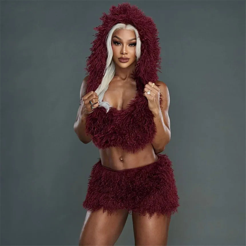 2026 Fall Winter Fashion Faux Fur 2 Piece Set Women Lace Up Backless Hooded Tank Tops + Bodycon Mini Skirts Casual Street Suits