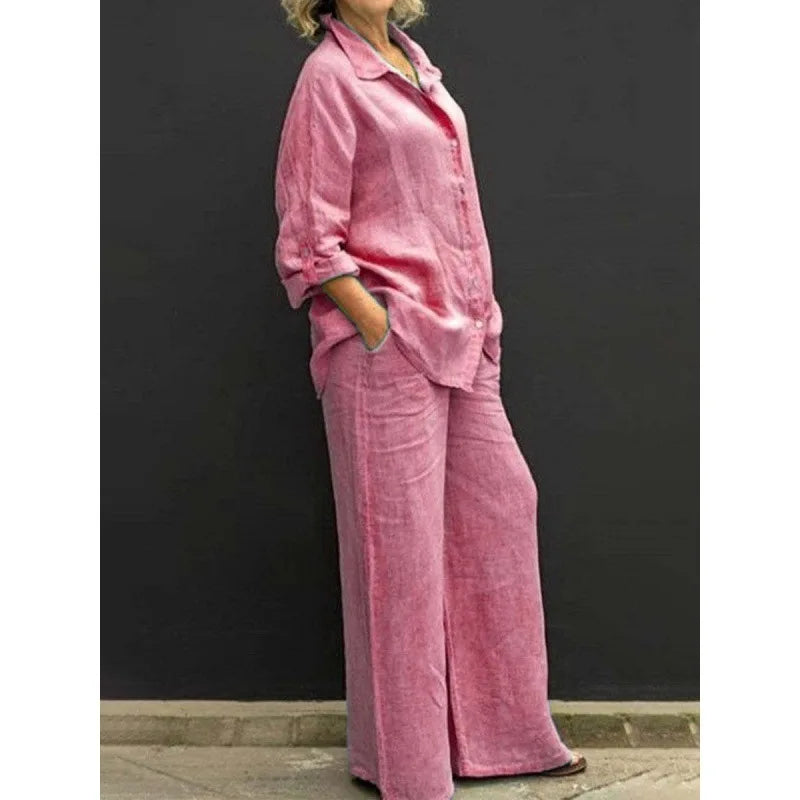 Spring Solid Color Linen Two Piece Sets Women Outfits  Fall Simple Long Sleeve Shirt Loose Trousets Set Office Casual Suit Women
