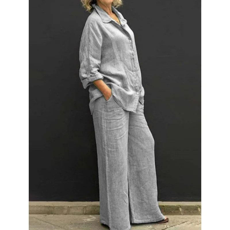 Spring Solid Color Linen Two Piece Sets Women Outfits  Fall Simple Long Sleeve Shirt Loose Trousets Set Office Casual Suit Women
