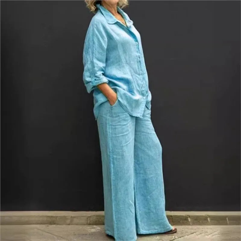 Spring Solid Color Linen Two Piece Sets Women Outfits  Fall Simple Long Sleeve Shirt Loose Trousets Set Office Casual Suit Women