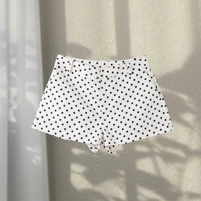 Polka Dot Print Shorts Coats Suits Women Loose High Neck Long Sleeves Zipper Drawstring Sets Female 2025 Autumn New Chic Set