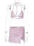 FDYOUI Women's Polka Dot Print Pink Swimsuit Lace-up Bras Panties Split Skirts 3 Pieces Bikinis Sets Bathing Suit Beach Swimwear