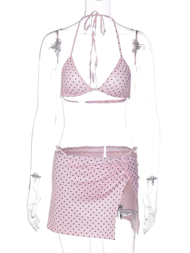 FDYOUI Women's Polka Dot Print Pink Swimsuit Lace-up Bras Panties Split Skirts 3 Pieces Bikinis Sets Bathing Suit Beach Swimwear
