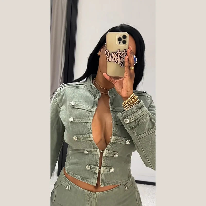 Vintage Denim Shorts Set Stand Collar Hook Closure Crop Militay Jacket Short Bodycon Shorts Women Fashion Street Sexy Edgy Sets