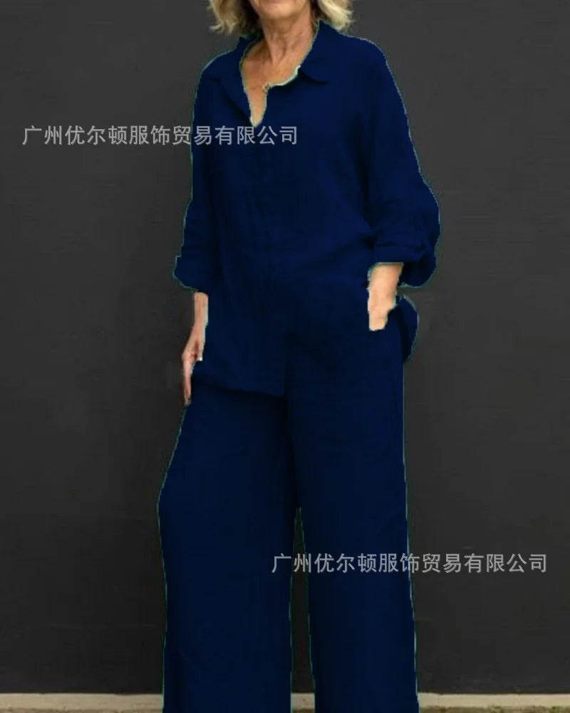 Spring Solid Color Linen Two Piece Sets Women Outfits  Fall Simple Long Sleeve Shirt Loose Trousets Set Office Casual Suit Women